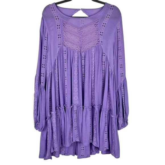 Free People Kiss Kiss Embroidered Purple Amethyst Eyelet Tunic Dress Size Medium - Picture 4 of 15